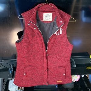 Marley Lilly Red/Cranberry vest with SED monogram. Size tagged Large